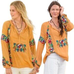 Sundance Catalog Fabled Table Embroidered Blouse Women's Small Gold Floral Flowy